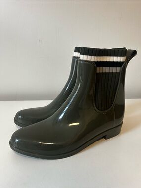 Serra Glossy Dark Olive Green Chelsea Rain Boots with Striped Knit Cuff